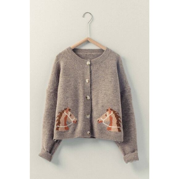 Urban Daizy Western Horse Graphic Ribbed Trim Crew Neck Cardigan - Picture 2 of 8